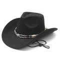 Zwarte suède cowboyhoed met kralenband, brede opgerolde rand en verstelbaar kin koord - M (56-58cm) / Zwart