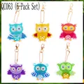 Set of 6 DIY cartoon owl diamond painting keychains in various colors with gold clasps - QC063 (6-Piece Set) Single-Sided