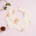 Beige baby petal bib with cute bear and tulip print made of 6-layer cotton gauze - Flower Bear