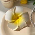Realistic white and yellow plumeria flower hair clip on a ceramic tray with pearls - Plumeria Hair Clip Large