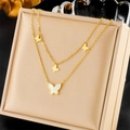Double-layer stainless steel necklace with gold finish, pearl, and butterfly charms - White Mother of Pearl Butterfly Style (N2405)