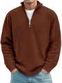 Close-up of brown ribbed knit sweater featuring a stylish half-zip stand collar design - Brown