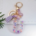 Letter U keychain with purple sequins, resin alphabet, gold butterfly and tassel - Letter U