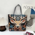 Ethnic 3D embroidered canvas tote bag with a colorful deer portrait and striped straps - Deer