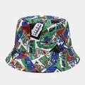 Close-up of vintage travel sticker prints on breathable canvas bucket sun hat - Vintage Travel Label Sticker Style