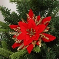 Künstliche rote Weihnachtssternblüte mit goldenem Glitzer am Rand für den Weihnachtsbaum - Rankenblume / Rot