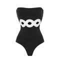 Costume intero nero a fascia con dettaglio geometrico bianco traforato in vita - S / Costume da Bagno con Spalle Scoperte