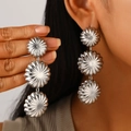 Statement silver tiered drop earrings with polished metallic spheres and sunburst texture - Three-Layer Petal Radial (A-416) / Silver
