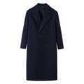 Classic navy blue double-breasted long wool coat with notch lapels and flap pockets - S / Navy Blue