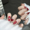 Luxurious red cat eye press-on nails with silver heart rhinestones in almond shape - Almond Shape - Red Silver Cat Eye Heart Rhinestone / Extra Small (XS)