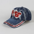 Denim baseball cap featuring red heart rhinestones and a curved brim for casual wear - Style 7-Dark Blue Denim Double Heart Rhinestone