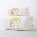 Detail of embroidered moon and rabbit on thick white coral fleece bath towel set - Sleeping Rabbit Beige