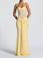 Close-up of sexy halter neck dress with sheer mesh waist and detailed pleated fabric - S / Yellow