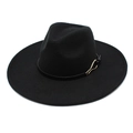 Close-up of black wool fedora featuring a gold metal buckle on a sleek leather band - M (56-58cm) / Black