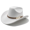 Detail of white felt cowboy hat with a brown leather band and gold horseshoe buckle - M(56-59CM) / White