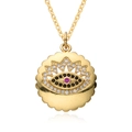 Retro 18K gold plated evil eye pendant necklace with zircon crystals and purple center stone - Hollow Disc Purple Stone Style (D189)