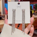 Elegant long silver tassel earrings with pearls and crystal inlay for women - Silver Zirconia Pearl Tassel