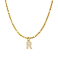 Golden titanium steel necklace featuring a crystal-paved letter R pendant - Letter R / Gold