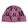 Winter rose pink knit beanie with black letter jacquard and stylish wide fold-over cuff - M (56-58cm) / Pink