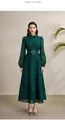 Detail of elegant dark green lace dress featuring a stand collar and matching belted waist - 2XL / Top And Bottom / Dark Green