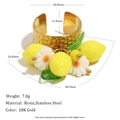 18K Gold plated stainless steel ring with resin lemon, daisy and leaf pendants - Lemon Dangle Open Ring - Gold