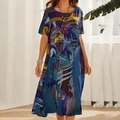 Women's summer short sleeve maxi dress with abstract art print and elegant round neck - S / Dresses / Blue