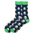 Men's navy blue crew socks with green accents and fun cartoon hamburger patterns - Navy Burger