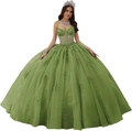 Elegante saliegroene galajurk met V-hals, kanten korset en 3D-bloemapplicaties - Grasgroen / 3XL
