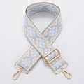 Adjustable wide canvas strap with blue and white geometric folk pattern and gold hooks - Style 198 - Gold Hardware