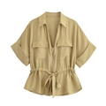 Ensemble d'été femme kaki avec chemise à manches courtes, taille à cordon et poches poitrine - XS / Hauts / Jaune