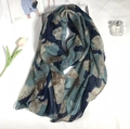 Floral print voile scarf in blue and brown with soft abstract leaf pattern - Blue Brown Grey Leaves