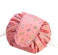 Pink drawstring makeup bag with cute yellow and white cartoon cat print pattern - Fortune Cat