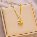 Golden titanium steel necklace with flower pendant and radiant cubic zirconia gems - 6039 Sun Flower / Gold