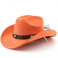 Detail van oranje cowboyhoed met leren band, turquoise studs en franjes aan de zijkant - M (56-58cm) / Oranje