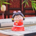 Q-version Tang lady figurine in red dress holding a koi fish, traditional decor - Holding Koi Fish Style(1056-17D)