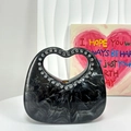Black marble heart clutch with rhinestone handle and gold metal clasp closure - Black