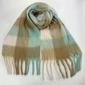 Soft cashmere scarf with light blue, beige and camel large checks and fringe - 49# (Blue Beige Camel Large Plaid)