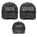 Family set of washed denim baseball caps with PAPA MAMA and MINI white embroidery - Black PAPA+MAMA+MINI (3-Piece Set)