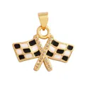 Pendentif drapeau de course doré avec émail noir et blanc et strass étincelants - Drapeau de Course Noir et Blanc