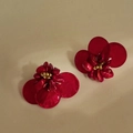 Detail of red layered flower petal earrings with resin beads and golden metallic accents - Silver Earring Post - Red