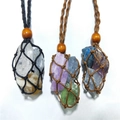 Handmade woven cord necklace with raw natural crystals and adjustable wooden bead - Black Extra Large Net Necklace 1PC (5-6CM)