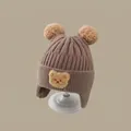 Cozy knit pink winter hat for babies with earflaps and cute plush bear embroidery - Teddy Bear Double Ball Brown (2 Months - 2 Years Old)