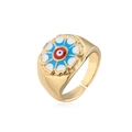 Detail of 18K gold plated adjustable ring with blue and white enamel floral pattern - Adjustable Open / Red