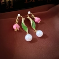 Vintage French tulip pearl earrings with pink enamel flowers and gold finish details - 52# Gold Tulip Pink Enamel (Silver Earring Post)