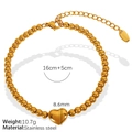 Polished 18k gold plated stainless steel beaded heart bracelet with lobster clasp - 16cm+5cm / Gold Bracelet (SL57)