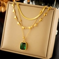 Layered gold vintage necklace with heart accent and green square pendant on jewelry box - N2062-Green Square Gem & Heart Double Layer