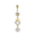 Detail of golden navel ring featuring interlocking square frames and clear zircon drops - 1990 Geometric Rhombus Gold