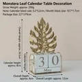 European style gold monstera leaf perpetual calendar with white wooden cubes - Iron Art Calendar Ornament - Monstera Leaf