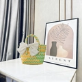 Handwoven basket bag in yellow, green, and white with a large decorative white bow - Small (With White Bow) / Yellow-Green