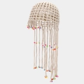 Detailed view of handmade crochet hat with colorful beads and fringe jellyfish style - One Size / Beige